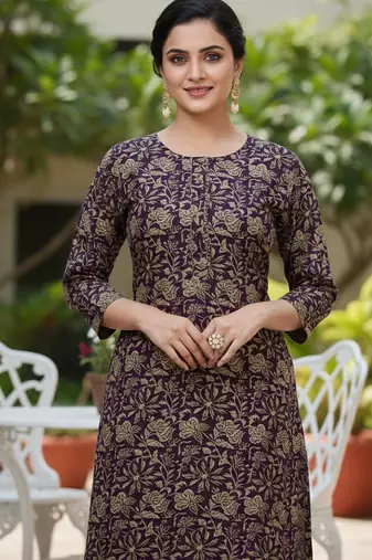 Wine cotton blend geometric printed kurta for women