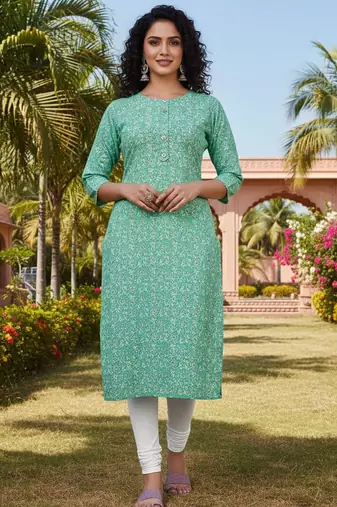 Sea green cotton blend geometric printed kurta for women