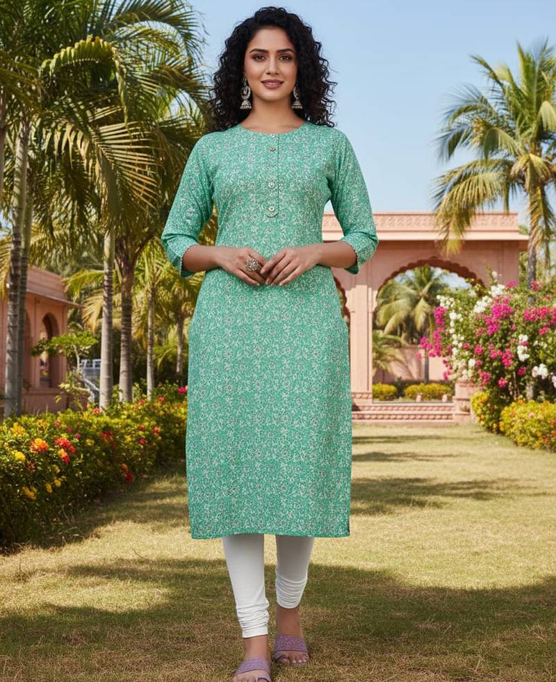 Sea green cotton blend geometric printed kurta for women