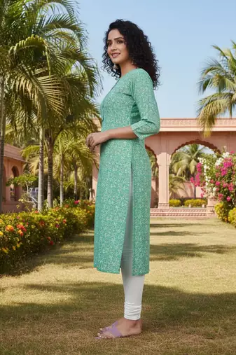 Sea green cotton blend geometric printed kurta for women