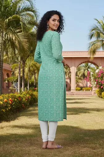 Sea green cotton blend geometric printed kurta for women
