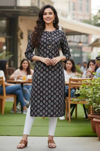 Black cotton blend geometric printed kurta for women