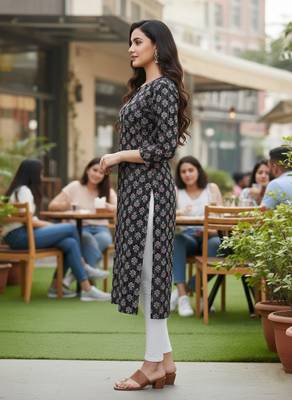 Black cotton blend geometric printed kurta for women 2