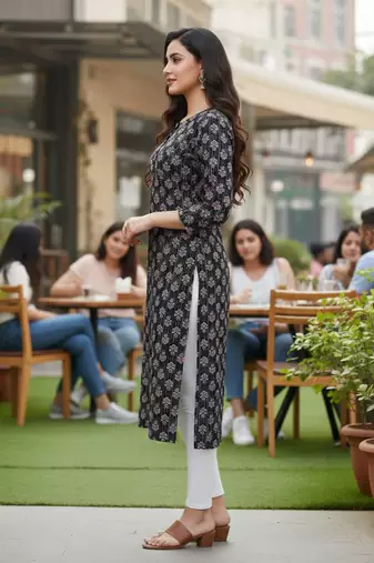Black cotton blend geometric printed kurta for women