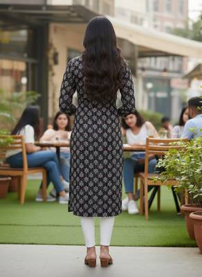 Black cotton blend geometric printed kurta for women 3