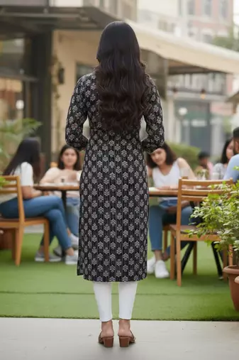 Black cotton blend geometric printed kurta for women