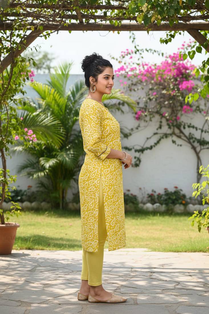 Yellow cotton blend geometric printed kurta for women