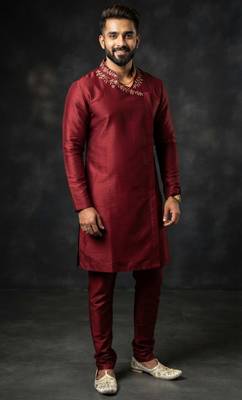 Maroon embroidered dupion silk kurta set 2
