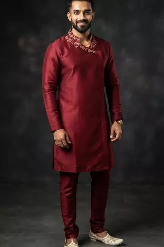 Maroon embroidered dupion silk kurta set
