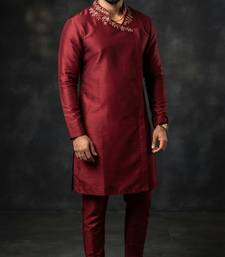 Maroon embroidered dupion silk kurta set