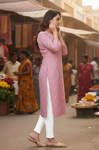 Pink cotton blend geometric printed kurta for women
