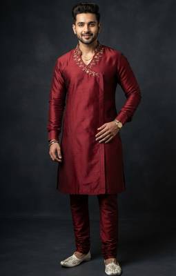 Maroon embroidered dupion silk kurta set 2