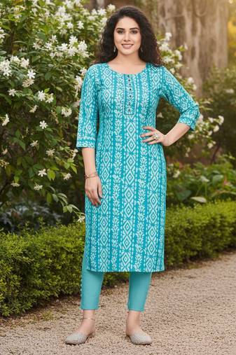 Turquoise cotton blend geometric printed kurta for women