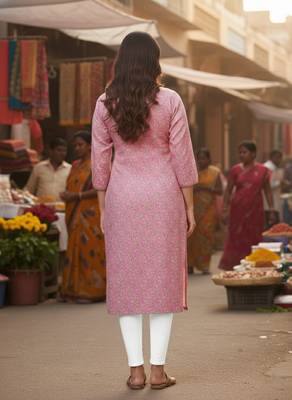 Pink cotton blend geometric printed kurta for women 3