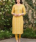 Yellow cotton blend geometric printed kurta for women
