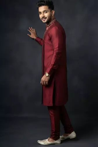 Maroon embroidered dupion silk kurta set