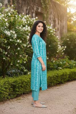 Turquoise cotton blend geometric printed kurta for women 2