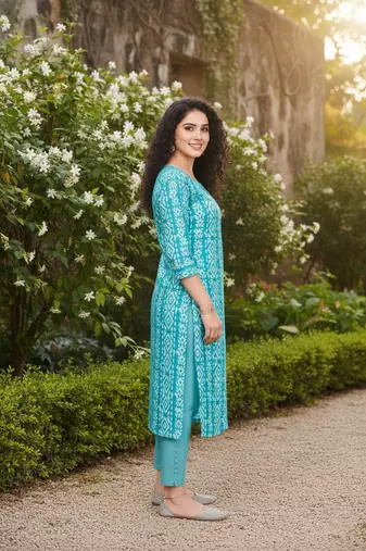 Turquoise cotton blend geometric printed kurta for women