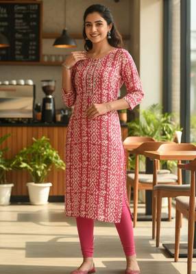 Pink cotton blend geometric printed kurta for women 1