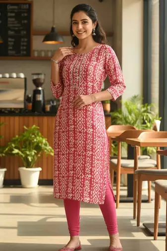 Pink cotton blend geometric printed kurta for women