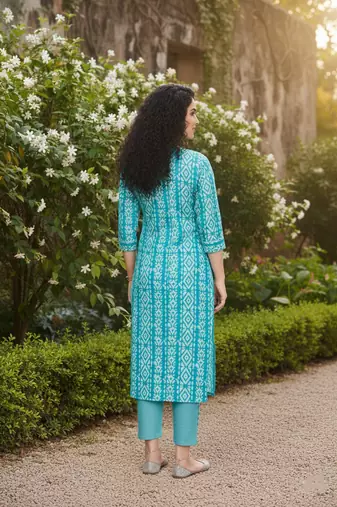 Turquoise cotton blend geometric printed kurta for women