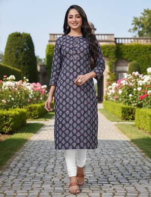 Blue cotton blend geometric printed kurta for women 1