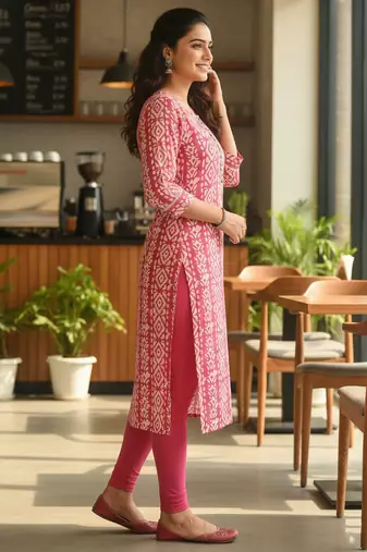Pink cotton blend geometric printed kurta for women