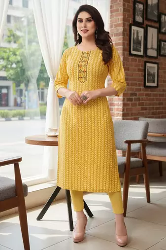 Yellow cotton blend geometric printed kurta for women