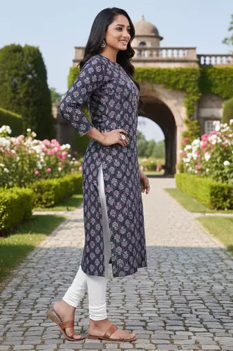Blue cotton blend geometric printed kurta for women