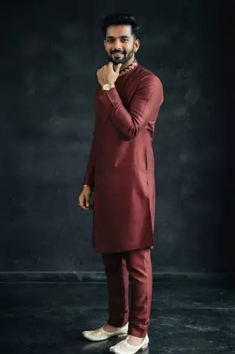 Maroon embroidered dupion silk kurta set