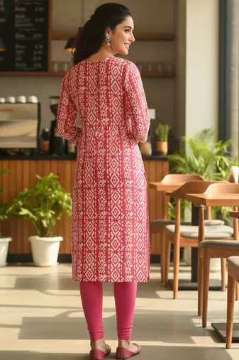 Pink cotton blend geometric printed kurta for women