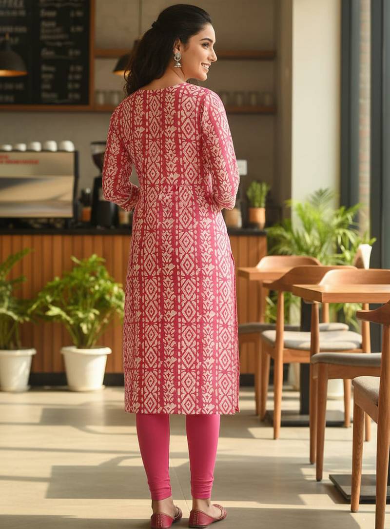 Pink cotton blend geometric printed kurta for women