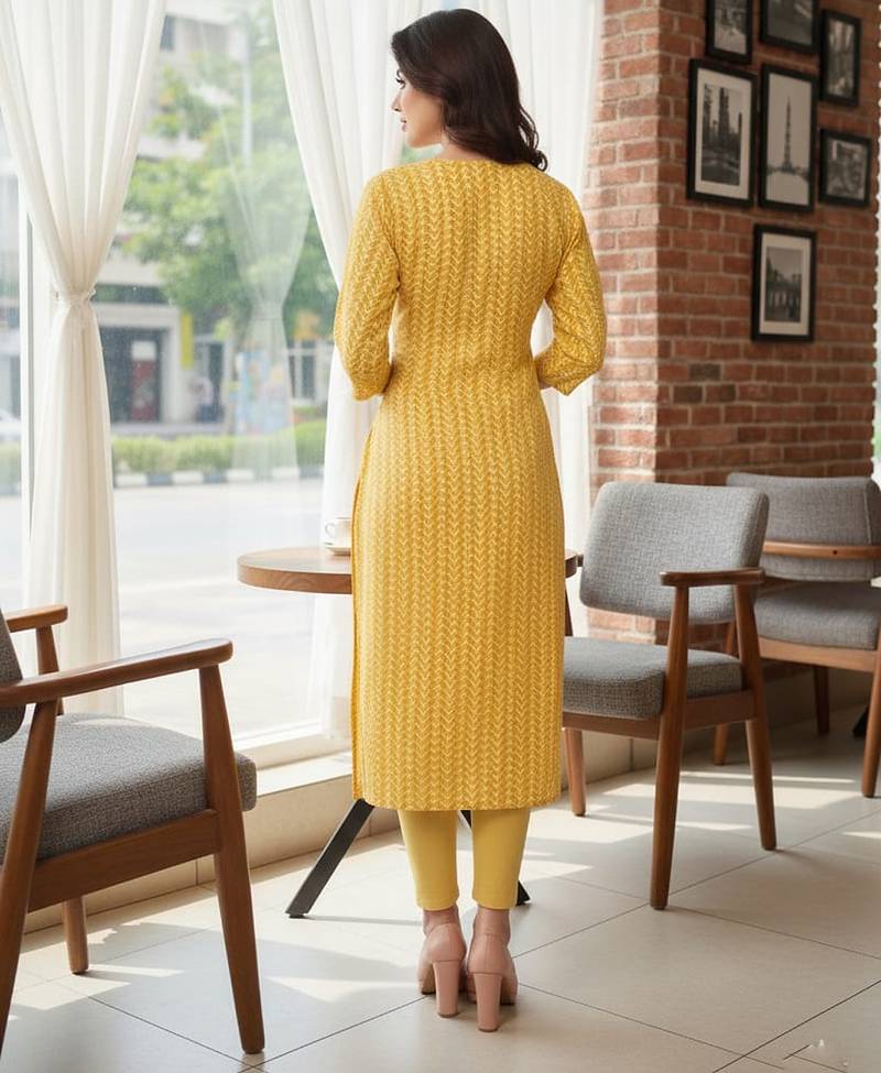 Yellow cotton blend geometric printed kurta for women
