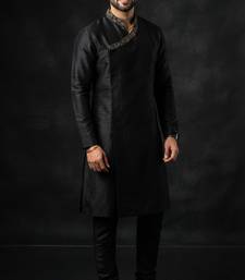 Black embroidered dupion silk kurta set
