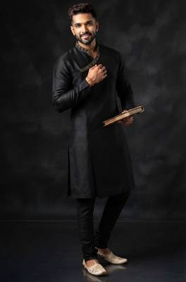 Black embroidered dupion silk kurta set 3