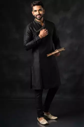 Black embroidered dupion silk kurta set