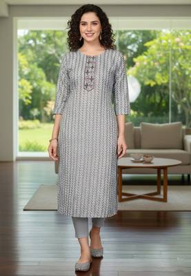 Grey cotton blend geometric printed kurta for women 1