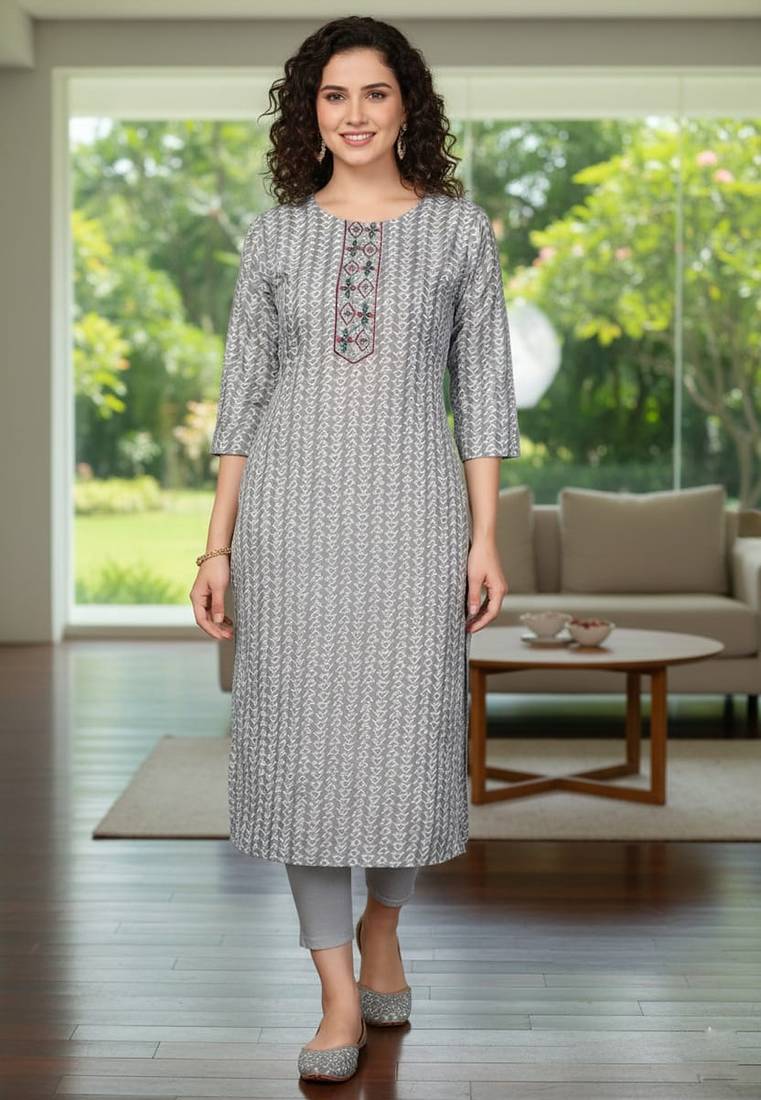 Grey cotton blend geometric printed kurta for women