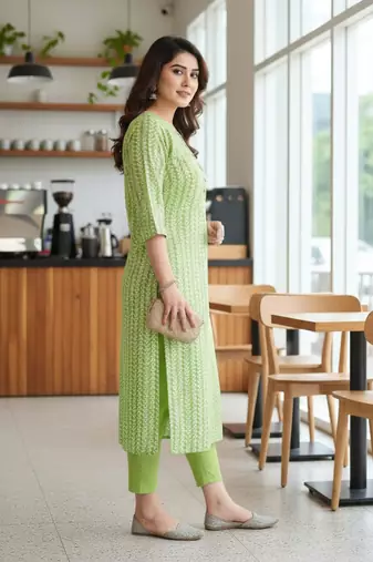 Green cotton blend geometric printed kurta for women