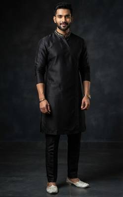 Black embroidered dupion silk kurta set 2