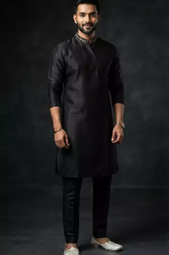 Black embroidered dupion silk kurta set