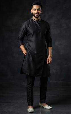 Black embroidered dupion silk kurta set 3