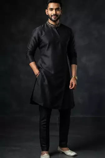 Black embroidered dupion silk kurta set