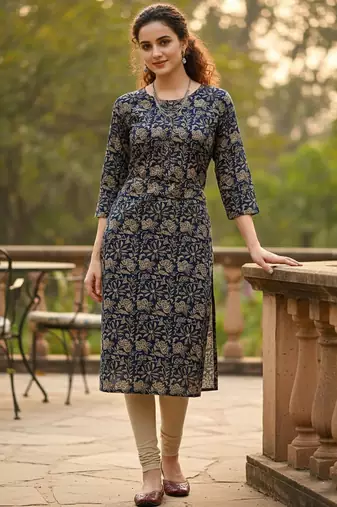 Blue cotton blend geometric printed kurta for women