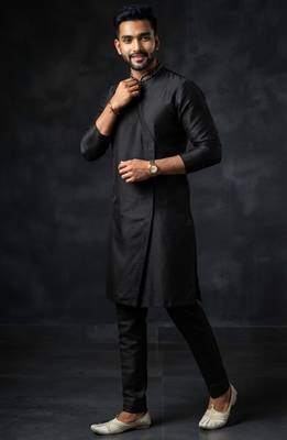 Black embroidered dupion silk kurta set 4