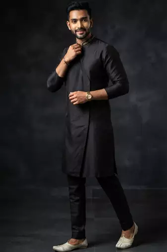 Black embroidered dupion silk kurta set