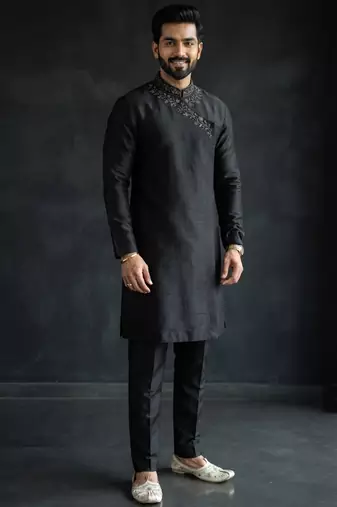 Black embroidered dupion silk kurta set