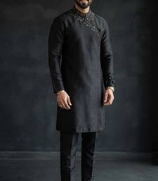 Black embroidered dupion silk kurta set