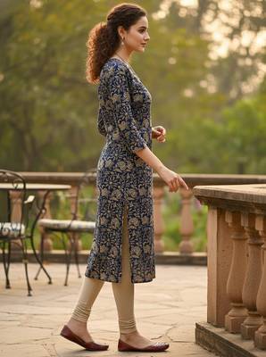 Blue cotton blend geometric printed kurta for women 2