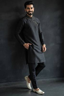 Black embroidered dupion silk kurta set 3